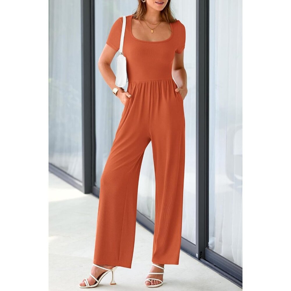 Women's Brick Red Summer Short Sleeve Square Neck Wide Leg Rompers Jumpsuits - Picture 6 of 8